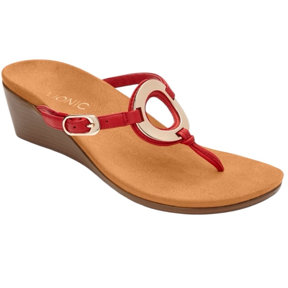 Vionic Park Orchid Toe-Post Wedge Sandals Red Leather Gold Hardware Sz 9